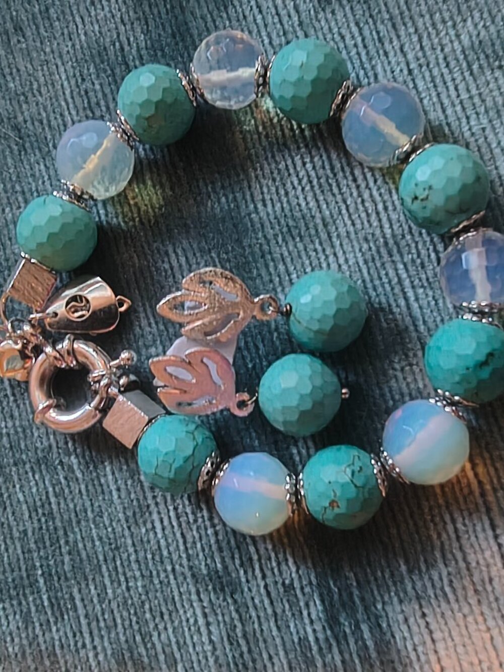 Turquoise Opalite BraceletEarrings Set Silver Tone Faceted BlueBead Matching Set